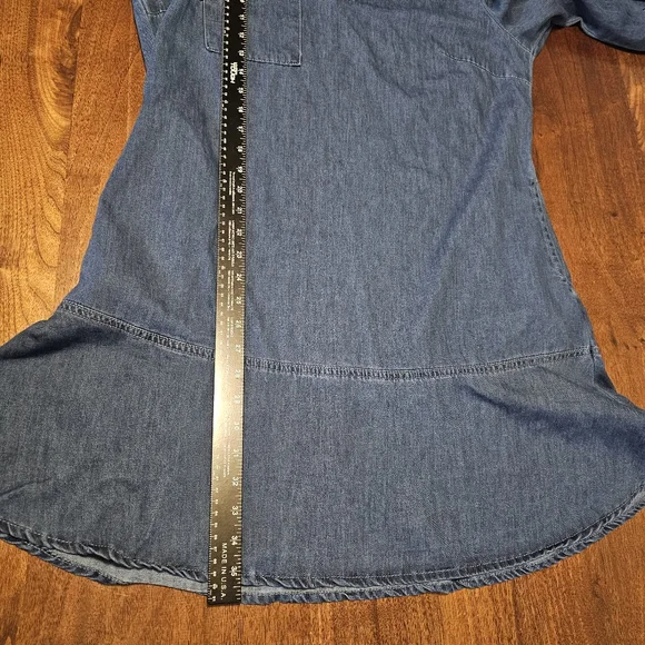 Denim Dress Blue V-Neck 3/4 Length Puff Sleeves Midi Dress NWT Size Large - Picture 5 of 11